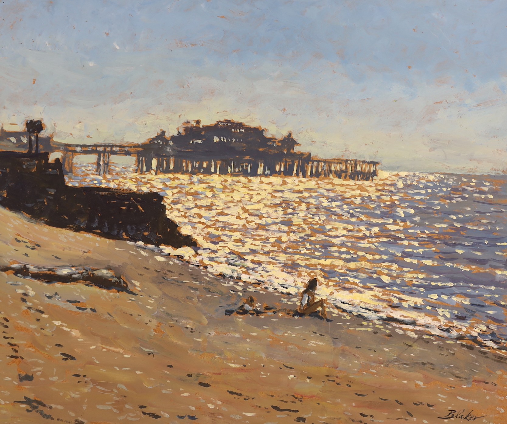 Michael Blaker (1928-2018) - The Pier, Brighton from the beach at sunset, and the beach towards Shoreham-by-Sea, a pair, oils on board, signed, each 51.5 x 61cms